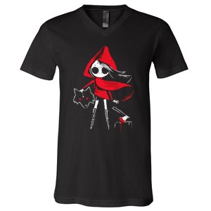 Red Riding Hood Girl With Head Of Wolf Scary Gothic Art V-Neck T-Shirt