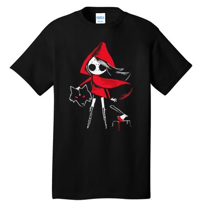 Red Riding Hood Girl With Head Of Wolf Scary Gothic Art Tall T-Shirt