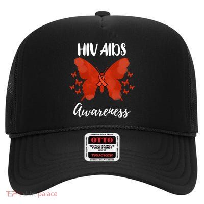 Red Ribbon Hiv Aids Awareness High Crown Mesh Back Trucker Hat