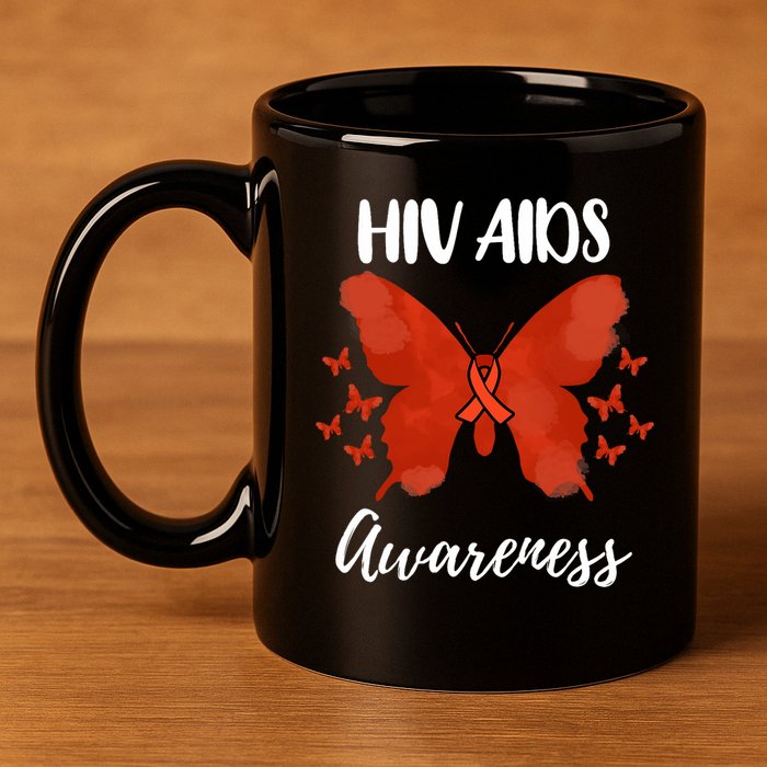 Red Ribbon Hiv Aids Awareness 11oz C Handle Ceramic Mug