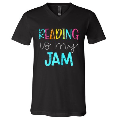 retro Reading is My Jam Read Teacher ELA Teacher V-Neck T-Shirt