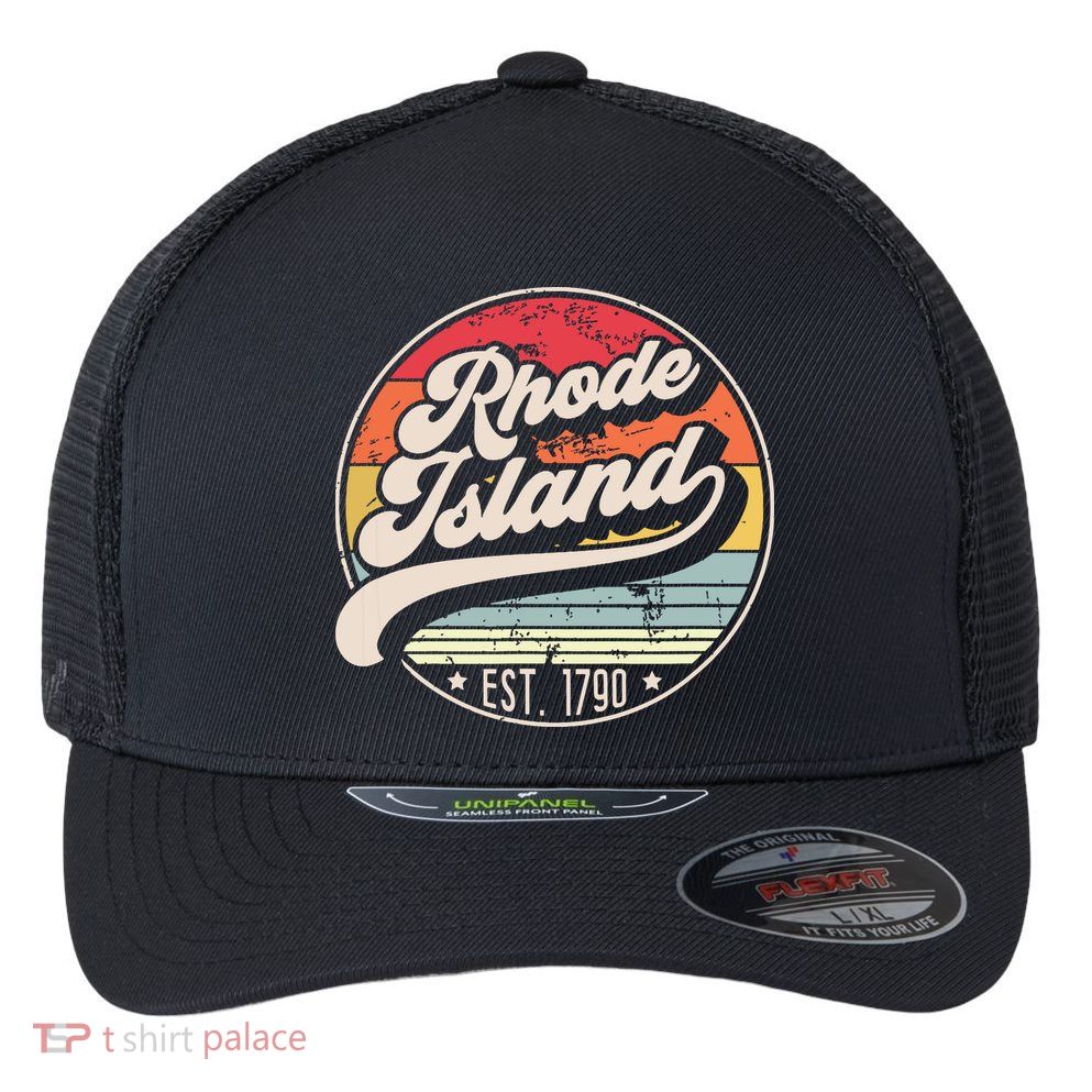 Retro Rhode Island Home State Ri Cool 70s Style Sunset Flexfit Unipanel Trucker Cap