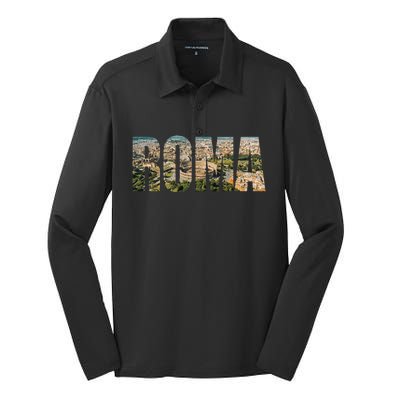 Roma Rome Italy Italia Urban Skyline Photography Font Silk Touch Performance Long Sleeve Polo