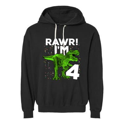 Roar Rawr I'm Four 4 T Rex Dinosaur Birthday for Boy Garment-Dyed Fleece Hoodie