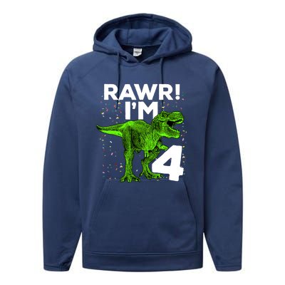 Roar Rawr I'm Four 4 T Rex Dinosaur Birthday for Boy Performance Fleece Hoodie