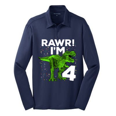 Roar Rawr I'm Four 4 T Rex Dinosaur Birthday for Boy Silk Touch Performance Long Sleeve Polo