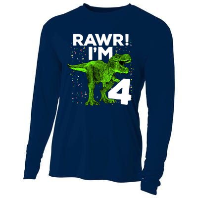 Roar Rawr I'm Four 4 T Rex Dinosaur Birthday for Boy Cooling Performance Long Sleeve Crew