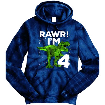 Roar Rawr I'm Four 4 T Rex Dinosaur Birthday for Boy Tie Dye Hoodie