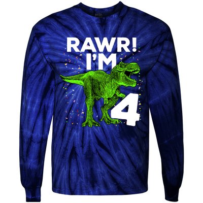 Roar Rawr I'm Four 4 T Rex Dinosaur Birthday for Boy Tie-Dye Long Sleeve Shirt