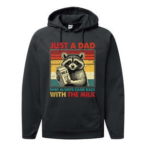 Retro Raccoon Just A Dad Who Always Came Back With The Milk Performance Fleece Hoodie