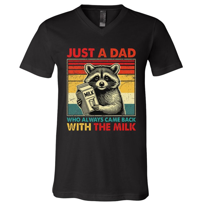 Retro Raccoon Just A Dad Who Always Came Back With The Milk V-Neck T-Shirt