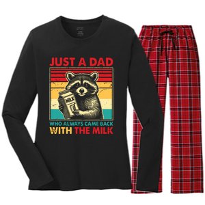 Retro Raccoon Just A Dad Who Always Came Back With The Milk Women's Long Sleeve Flannel Pajama Set 