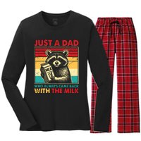 Retro Raccoon Just A Dad Who Always Came Back With The Milk Women's Long Sleeve Flannel Pajama Set 