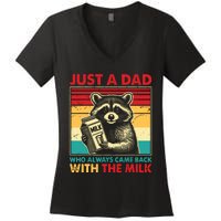 Retro Raccoon Just A Dad Who Always Came Back With The Milk Women's V-Neck T-Shirt