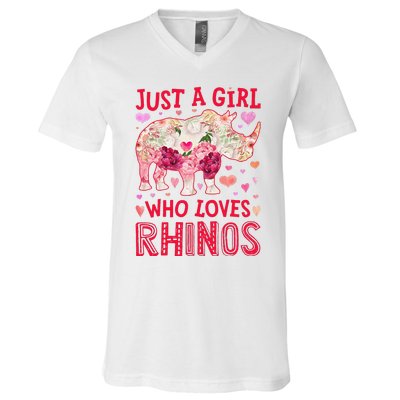 Rhino Rhinoceros Just A Who Loves Rhinos Flower Floral V-Neck T-Shirt