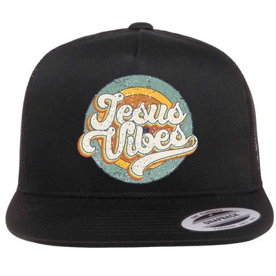 Retro Rainbow Jesus Vibes Bible Verse Christian Religious Gift Flat Bill Trucker Hat