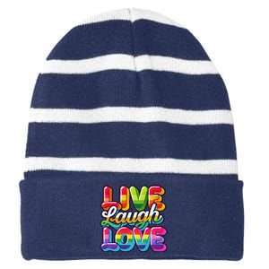 Rainbow Radiance Live Laugh Love Striped Beanie with Solid Band