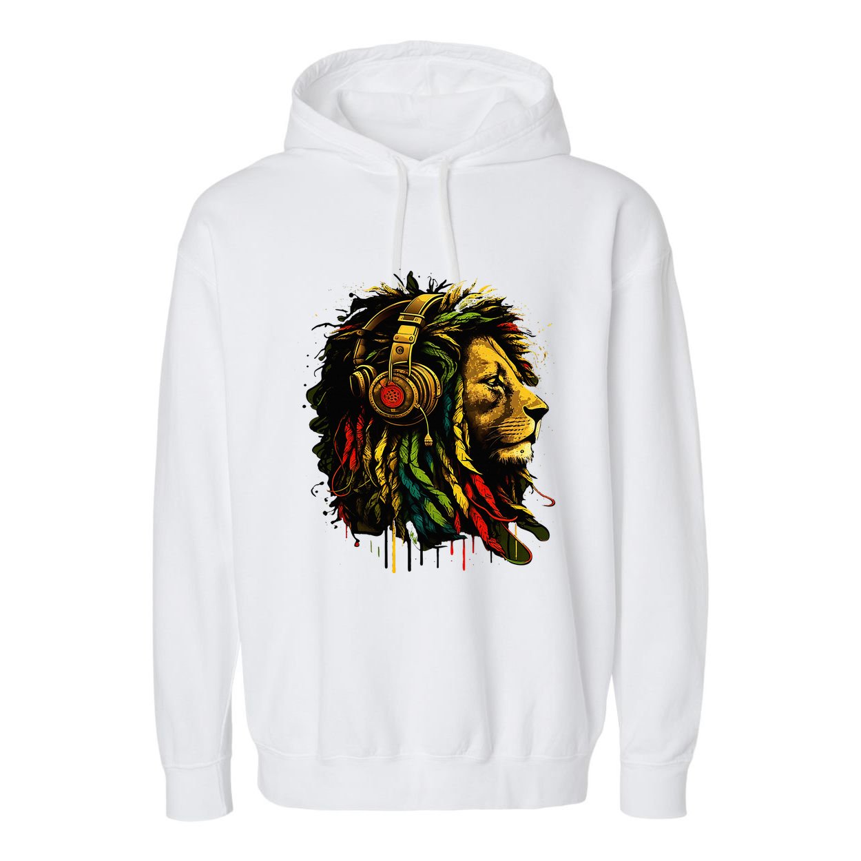 Rasta Reggae Music Headphones Jamaican Pride Lion Of Judah Garment-Dyed Fleece Hoodie