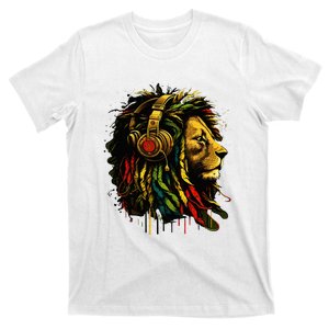 Rasta Reggae Music Headphones Jamaican Pride Lion Of Judah T-Shirt