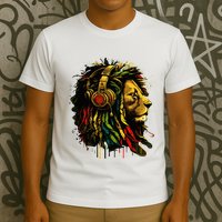 Rasta Reggae Music Headphones Jamaican Pride Lion Of Judah T-Shirt