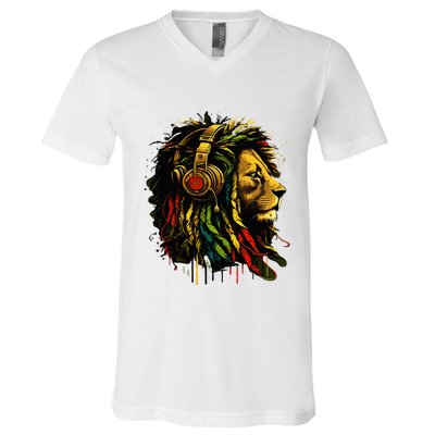 Rasta Reggae Music Headphones Jamaican Pride Lion Of Judah V-Neck T-Shirt