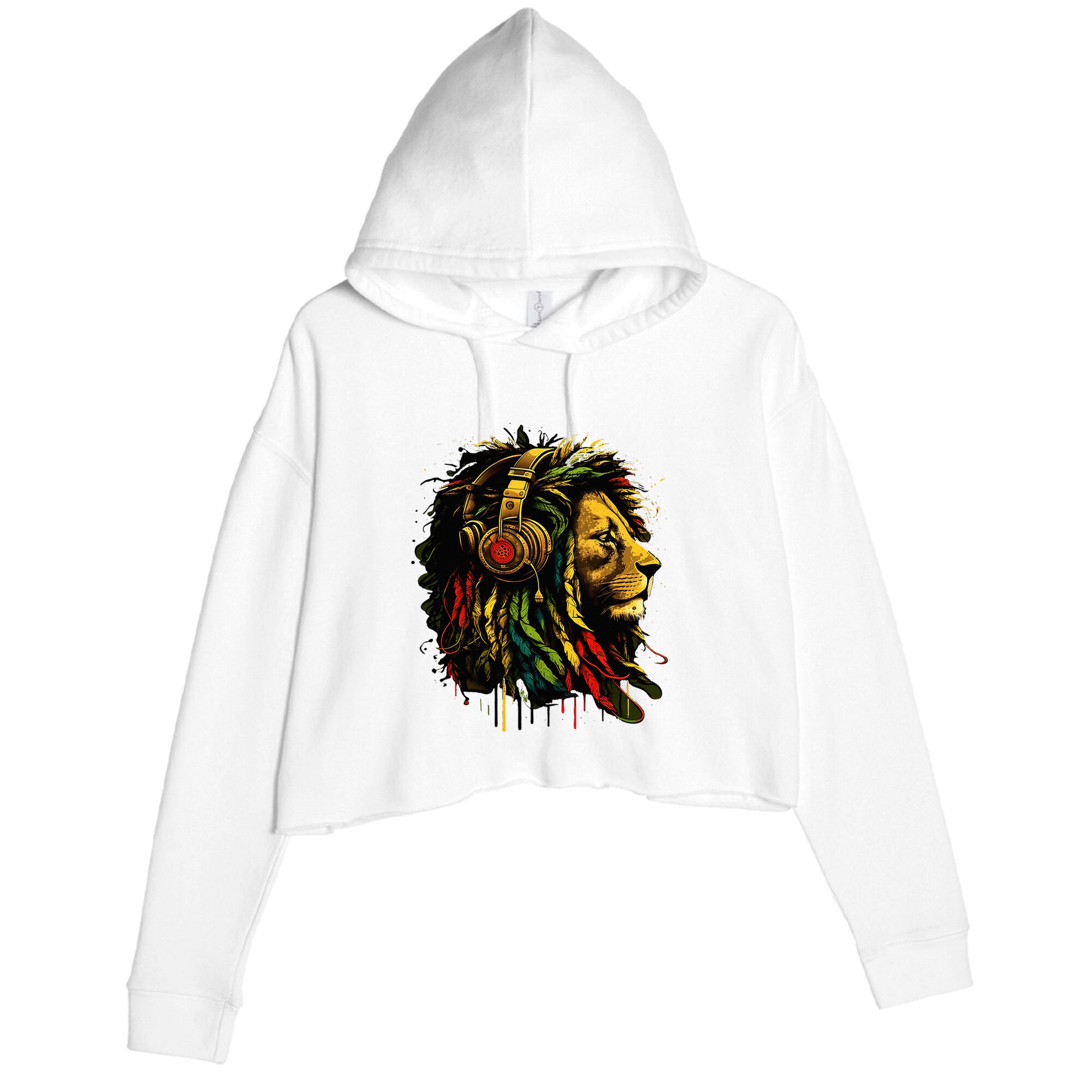 Rasta Reggae Music Headphones Jamaican Pride Lion Of Judah Crop Fleece Hoodie