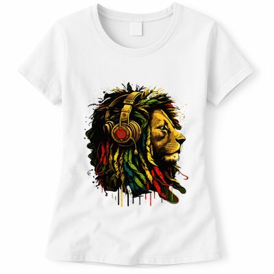 Rasta Reggae Music Headphones Jamaican Pride Lion Of Judah Womens T-Shirt