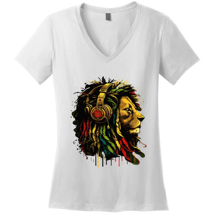 Rasta Reggae Music Headphones Jamaican Pride Lion Of Judah Women's V-Neck T-Shirt