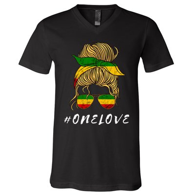 Rasta Reggae Music One Love Messy Bun Hair Jamaica Rastafari V-Neck T-Shirt