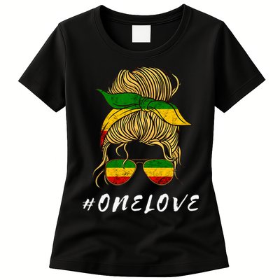 Rasta Reggae Music One Love Messy Bun Hair Jamaica Rastafari Womens T-Shirt