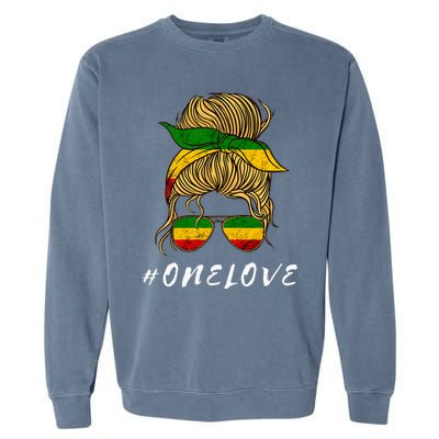 Rasta Reggae Music One Love Messy Bun Hair Jamaica Rastafari Garment-Dyed Sweatshirt