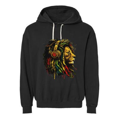 Rasta Reggae Music Headphones Jamaican Pride Lion Of Judah Garment-Dyed Fleece Hoodie
