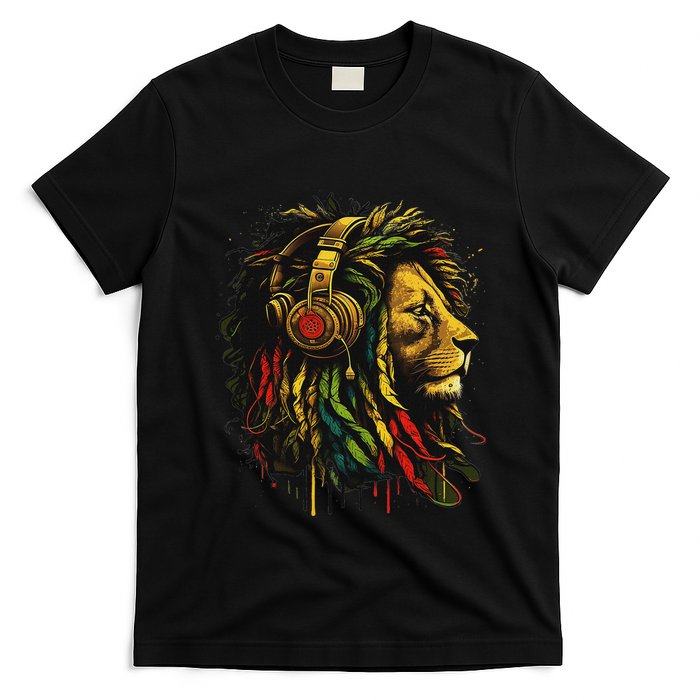 Rasta Reggae Music Headphones Jamaican Pride Lion Of Judah T-Shirt