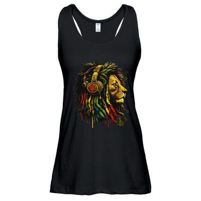 Rasta Reggae Music Headphones Jamaican Pride Lion Of Judah Ladies Essential Flowy Tank