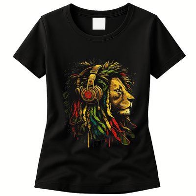 Rasta Reggae Music Headphones Jamaican Pride Lion Of Judah Womens T-Shirt