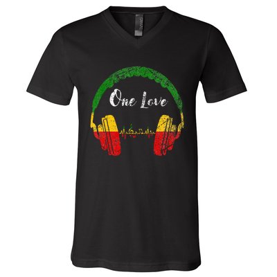 Rasta Reggae Music Headphones Jamaican Pride One Love V-Neck T-Shirt