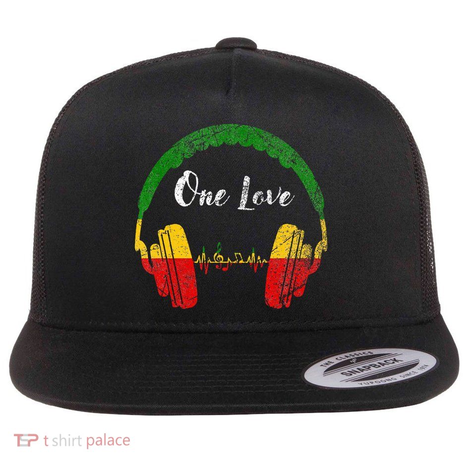 Rasta Reggae Music Headphones Jamaican Pride One Love Flat Bill Trucker Hat