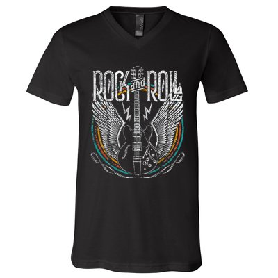 Rock & Roll Music Guitar Wings Vintage Retro V-Neck T-Shirt