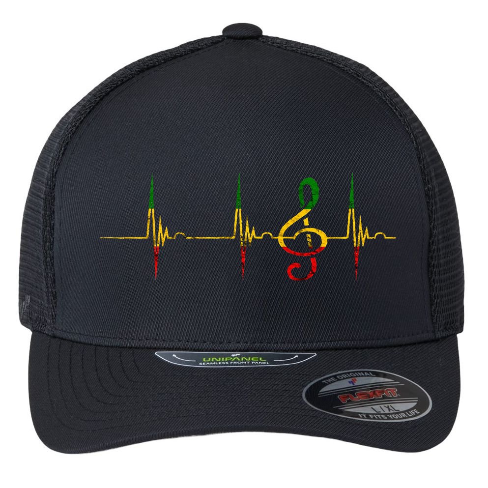 Rasta Reggae Music Note Rastafari Roots Heartbeat EKG Pulse Flexfit Unipanel Trucker Cap