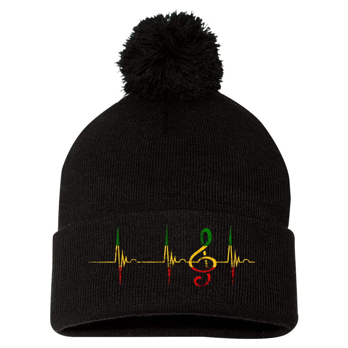Rasta Reggae Music Note Rastafari Roots Heartbeat EKG Pulse Pom Pom 12in Knit Beanie