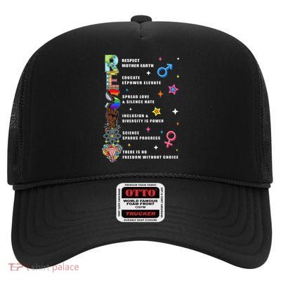 Resist Respect Mother Earth Educate Empower Elevate LGBTQ High Crown Mesh Back Trucker Hat