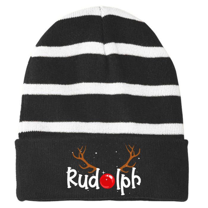 Rudolph Red Nose Reindeer Christmas Funny Striped Beanie with Solid Band