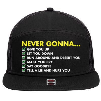 Rick Roll Never Gonna Checklist 7 Panel Mesh Trucker Snapback Hat