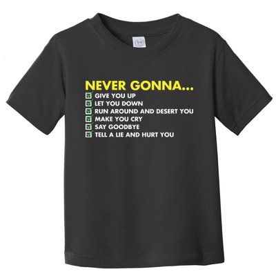 Rick Roll Never Gonna Checklist Toddler T-Shirt