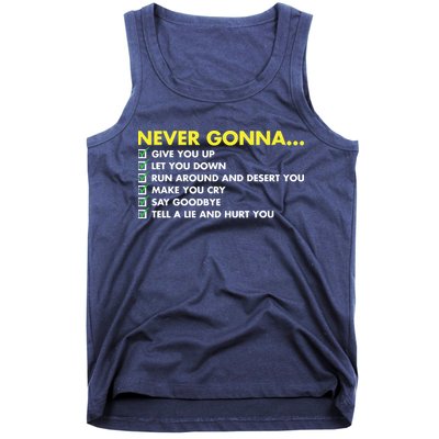 Rick Roll Never Gonna Checklist Tank Top