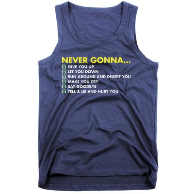 Rick Roll Never Gonna Checklist Tank Top