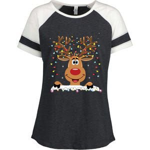 Rudolph Red Nose Reindeer Santa Christmas Enza Ladies Jersey Colorblock Tee