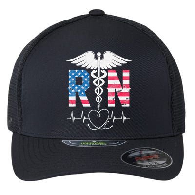 RN Registered Nurse USA Flag Caduceus Stethoscope Patriotic Flexfit Unipanel Trucker Cap
