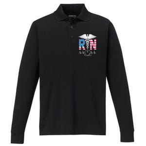 RN Registered Nurse USA Flag Caduceus Stethoscope Patriotic Performance Long Sleeve Polo