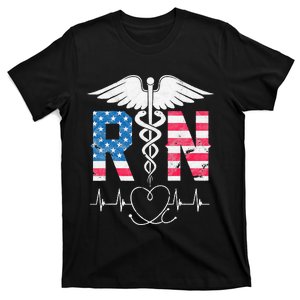 RN Registered Nurse USA Flag Caduceus Stethoscope Patriotic T-Shirt